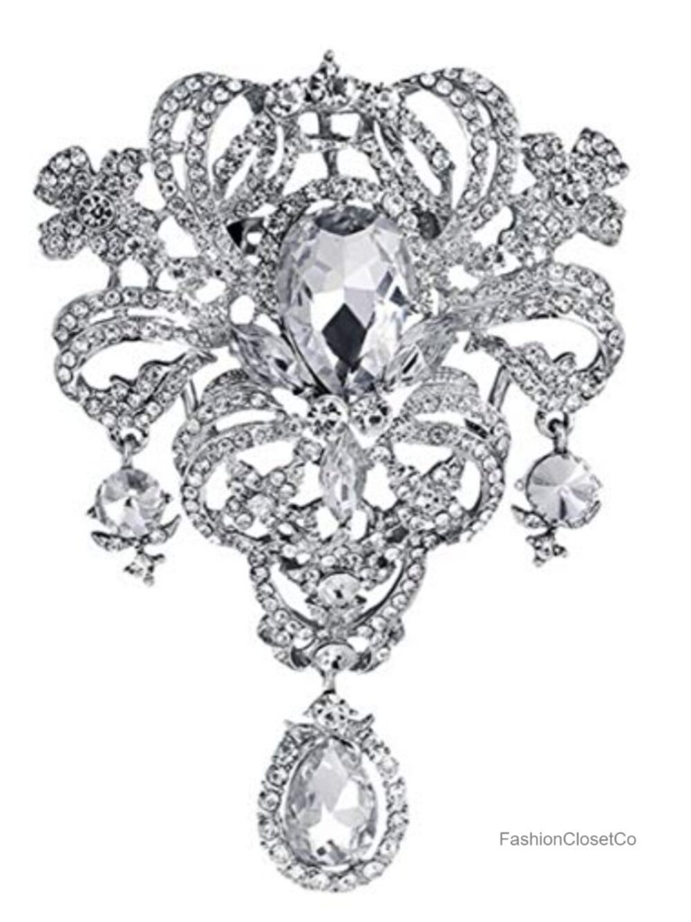Extra Large Silver Tone Clear Rhinestone Brooch Pin Statement Wedding